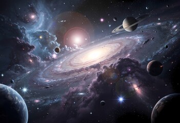 Majestic Spiral Galaxy in Deep Space with Planets and Stars