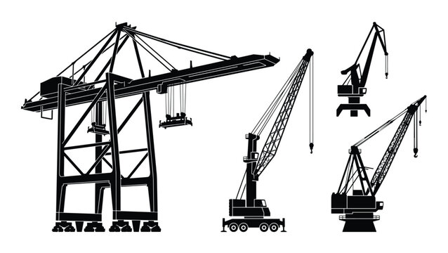 Detailed vector silhouettes of container cranes and mobile cranes for freight and industrial design projects.