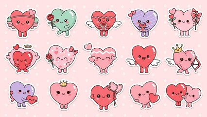 Cute animated heart emoticons with expressive faces and gestures in vibrant colors for digital illustrations and designs