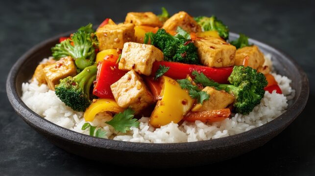 Colorful Vegetable and Tofu Stir Fry Served Hot with Broccoli and Bell Peppers on a Bed of Rice in a Rustic Bowl