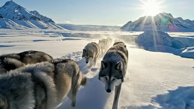 Wolf pack moves in unison across frozen tundra, drone
