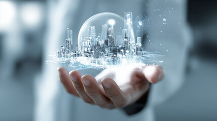 Hand Holding Futuristic City In Glass Dome: Technology, Innovation, And Smart City Vision