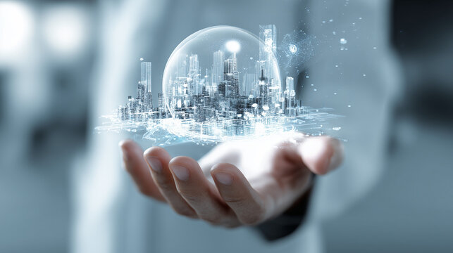 Hand Holding Futuristic City In Glass Dome: Technology, Innovation, And Smart City Vision - Powered by Adobe