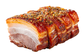 Crispy roasted pork belly with seasoning isolated on transparent background