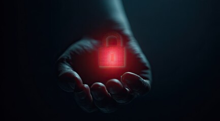 Glowing red digital lock hovers over an open hand in darkness