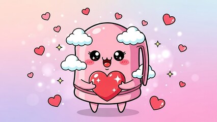 Adorable animated pink cup character holding a glowing red heart with floating love symbols and sparkles in a dreamy setting