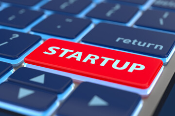 Business startup button on computer keyboard. 3D illustration