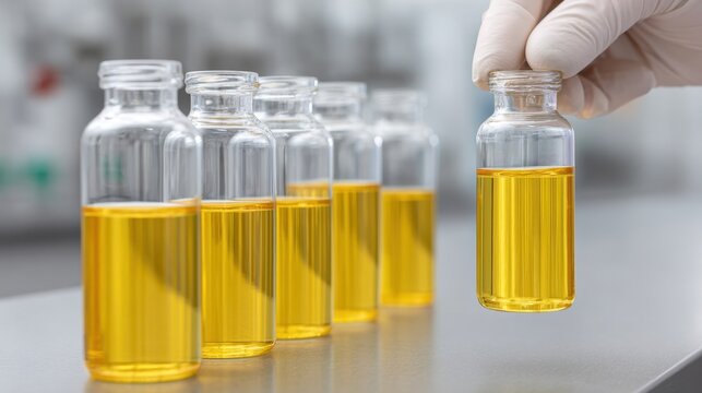 Glass laboratory bottles with colorful liquids analyzed by technicians in an offshore lab setting for chemical sampling and testing procedures - Powered by Adobe
