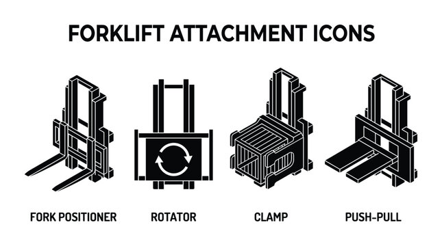 Forklift attachments icons: fork positioner, rotator, clamp, and push-pull. Material handling equipment icons.