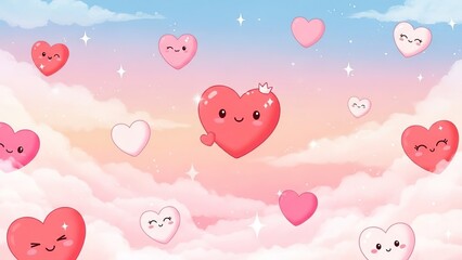 Playful animated hearts with cute faces floating in a dreamy pastel sky filled with twinkling stars and gentle clouds