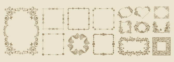 Obraz premium Christian crosses with decorative ornamental frames in vintage or Victorian style. Classic floral swirls, flourishes, plant elements. Set. Monochrome vector illustration