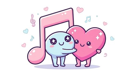 Cute animated music note and heart characters embracing with love and musical symbols in a cheerful design