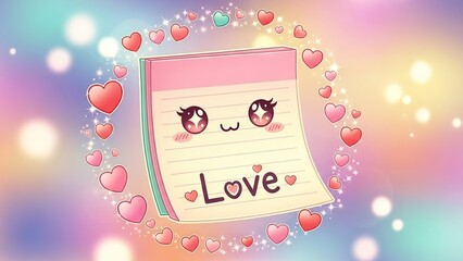Cute handwritten love note in a pastel notebook with floating hearts and expressive cartoon eyes on a soft gradient background