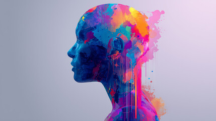 Vibrant Abstract Head Profile Portrait With Colorful Paint Splash And Creative Mind Concept Expression