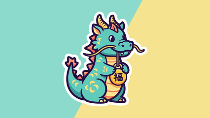 Cute Cartoon Dragon with Traditional Chinese Symbol for Good Fortune