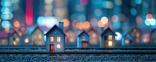 Miniature houses illuminated at night on a railway track with city lights