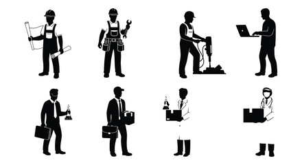 Diverse professions illustrated factory worker doctor chef and office staff silhouettes