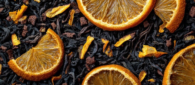 Close-up view of dried orange slices and loose tea leaves