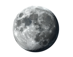 Full moon showing craters, surface details on black background