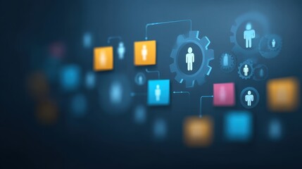 Abstract representation of agile workflow with icons and gears, illustrating team development process in a modern digital backdrop.