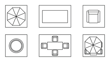 Furniture floor plan layouts vector diagram, showing table, seating arrangements, and umbrella designs.