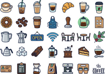 Colorful Flat Design Icons of Coffee Drinks, Cafe Items, and Accessories
