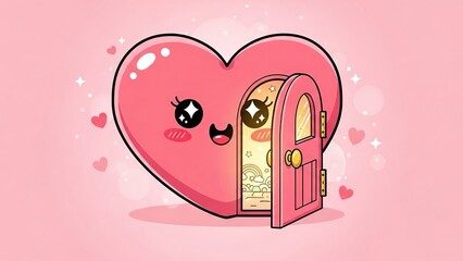 Cute animated pink heart character with cheerful expression opening a vibrant door to a colorful rainbow scene