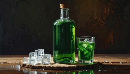 A bottle of green liqueur with a glass and ice cubes on a wooden surface.