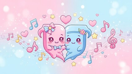 Cute animated musical notes with smiling faces embracing in a romantic pastel scene filled with hearts and stars