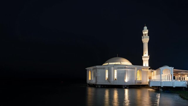 Night to day timelapse clip of the floating mosque in Jeddah, Saudi Arabia 