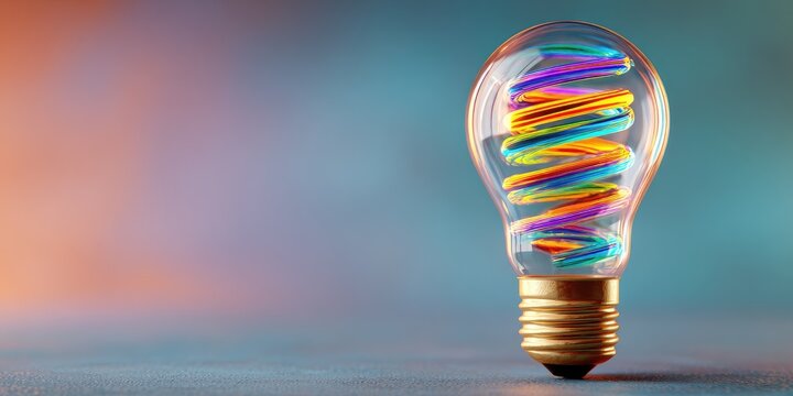 A clear glass bulb with a vibrant, multi-colored spiral filament on a gradient background