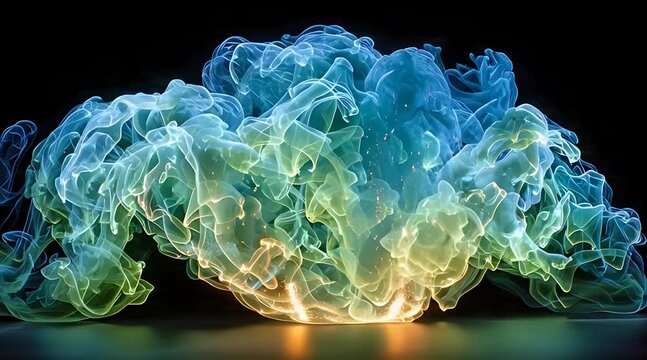 Ethereal and vibrant plumes of translucent green and blue smoke billow and swirl gracefully against a dark, solid black background, creating a dynamic abstract visual