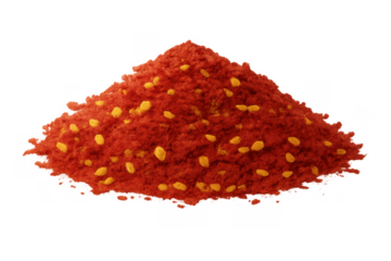 Pile of red chili powder and pepper flakes creating hot spice seasoning for cooking and culinary dishes