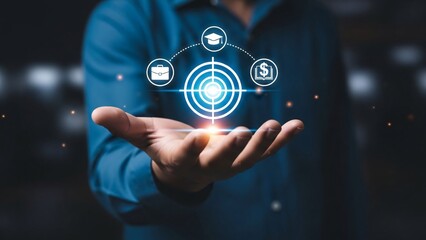 Businessman holding digital interface with icons representing technology innovation communication and data security in modern corporate environment