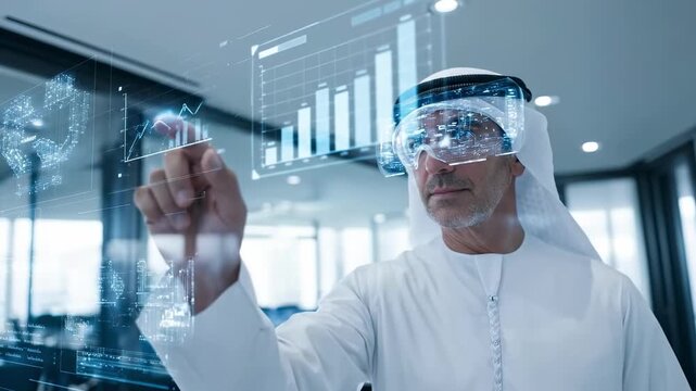 Emirati Executive Uses Technology to Analyze Data and Trends With Holographic Displays During a Business Meeting