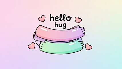 Colorful cartoon arms forming a heart shape with hello hug greeting and floating love hearts in soft pink and green tones