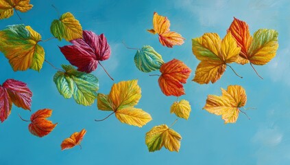 Colorful autumn leaves drift gracefully against a vibrant blue sky background