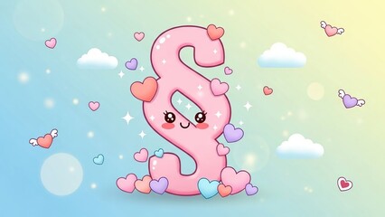 Charming pink number eight illustration with cheerful expression and floating hearts in a dreamy pastel sky scene