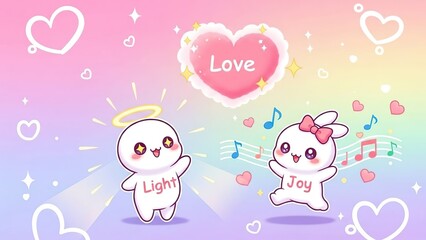Cute animated bunnies with halos spreading joy and love through music in a whimsical pastel illustration with hearts and stars