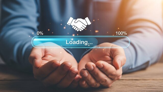 Businessman holding hands with a digital loading bar overlay representing progress and growth in a professional corporate environment 150 characters - Powered by Adobe
