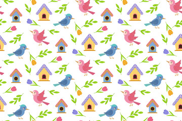 Detailed vector illustration of a seamless pattern featuring colorful birds, birdhouses, and flowers on a white background. The design is ideal for spring-themed projects and decor.