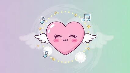 Cute animated heart with wings and musical notes symbolizing love and joy in a soft pastel gradient illustration