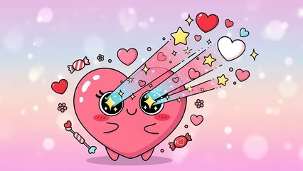 Cheerful animated heart cutting pink paper filled with decorative hearts and golden stars for love celebration