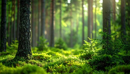 Sunbeams through evergreen forest with lush green moss on the ground