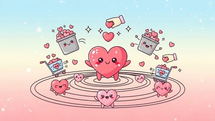 Obraz premium Adorable smiling heart characters shopping with carts full of love-themed items in a cheerful pastel romantic scene