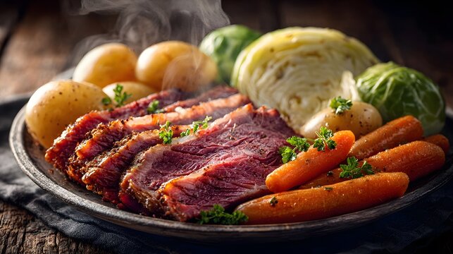 Traditional plate of corned beef and cabbage with carrots and potatoes on rustic wooden table with soft steam rising in home-cooked setting.