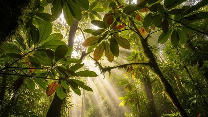 Sunbeams Piercing Through a Lush Tropical Forest Canopy