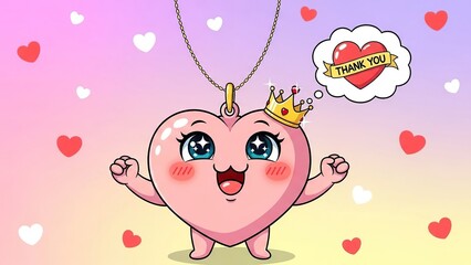 Cheerful animated heart character with crown and thank you message celebrating gratitude and love in vibrant colors