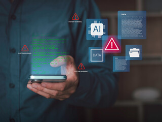 Cybersecurity and AI technology concept. A man using a smartphone with virtual AI interface and system warning alerts, illustrating data breach, hacking, malware attack, and digital security risks.