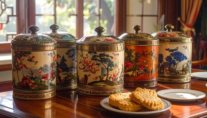 Vintage cookie jars with floral designs on a wooden table.